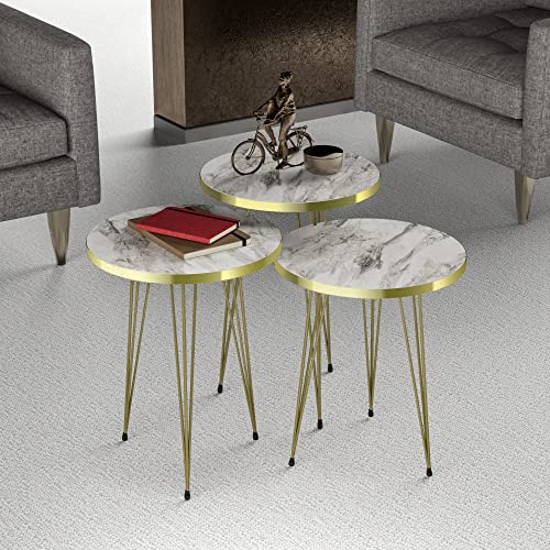 [en.casa] Beistelltisch-Set Ry Satztisch 3er Set weiße Marmor-Optik Abstelltisch mit runder Tischplatte Hairpinlegs aus Metall Goldfarben Wohnzimmertisch