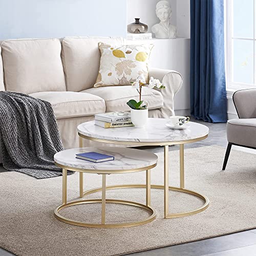 BenyLed Couchtisch für Wohnzimmer, 2er-Set Moderne verschachtelbare Beistelltische, weiße Tischplatte mit goldenem Metallrahmen