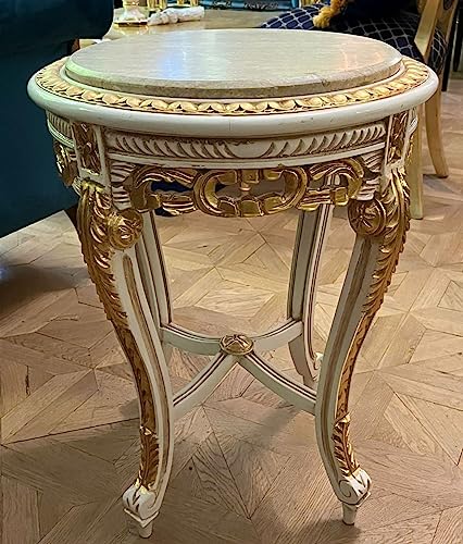 Casa Padrino Barock Beistelltisch Weiß/Gold/Creme - Handgefertigter Antik Stil Massivholz Tisch mit Marmorplatte - Wohnzimmer Möbel im Barockstil - Antik Stil Möbel - Barock Möbel
