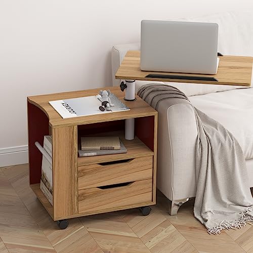 sogesfurniture Mobiler Beistelltisch Nachttisch Nachtschrank mit 2 Schubladen, höhenverstellbarer Sofatisch Laptoptisch für Schlafzimmer, Wohnzimmer, Eiche BHEU-CT1-OK