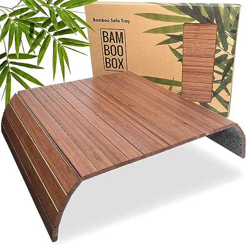 BAM BOO BOX Sofatablett aus Bambus - Couch Tablett flexibel - Sofatablett Armlehne - Sofa Tablett Holz - Sofa Tablett Armlehne - Armlehnen Tablett - Tablett für Sofa und Couch - Braun