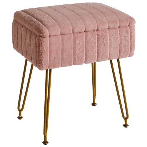 IBUYKE Samt Hocker Stuhl mit Stauraum, Fußstütze Fußhocker Ottoman, Kleiner Beistelltisch, mit 4-Metallbeinen, mit Anti-Rutsch-Füßen, für Make-up Raum, Schlafzimmer, rosa