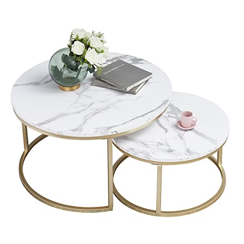 Marmor Couchtisch Gold, Couchtisch 2er Set mit 1 Großer Couchtisch Rund und 1 Kleiner Tisch, Beistelltisch Weiss aus Metallgestell Wohnzimmertisch Modern