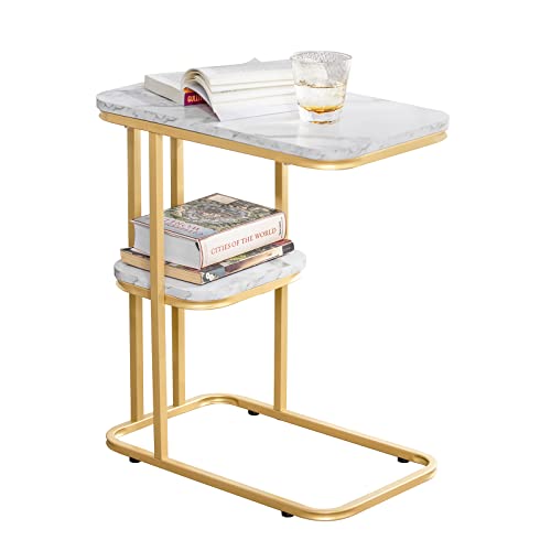 SoBuy FBT110-G Beistelltisch mit 2 Ablagen Sofatisch Kaffeetisch Laptoptisch Betttisch Pflegetisch mit goldenem Metallgestell BHT ca.: 50x58x30cm