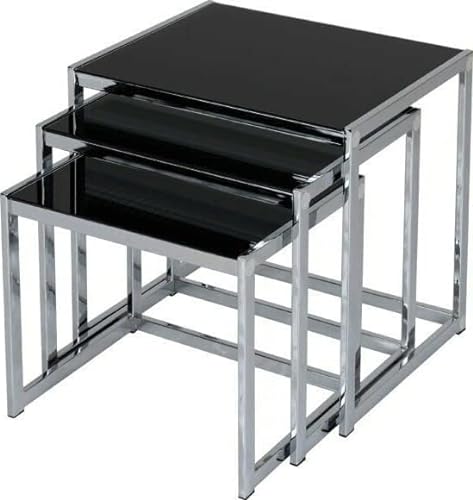 BDDIE Satztische Satztisch aus schwarzem Glas und Chrom (3er-Set) L50 cm x T40 cm x H50,5 cm Couchtisch Beistelltisch, einfarbig