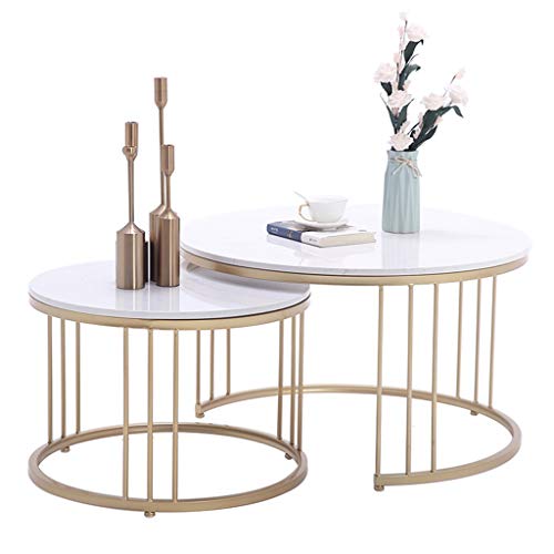 Modernes Wohnzimmer Couchtisch Set, Schmiedeeisen Draht Tischständer, Tischplatte aus Naturmarmor, Kombinationsdisplay, einfach und stilvoll, rund, weiß