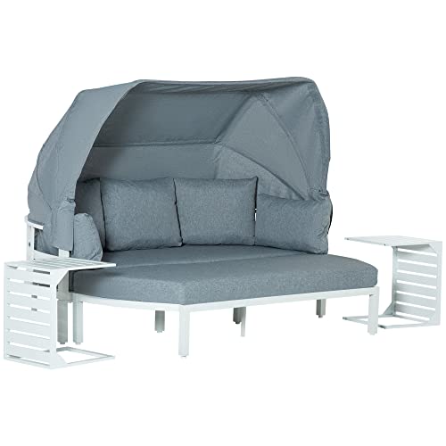 Outsunny 4-teiliges Gartenmöbel-Set mit Beistelltisch Dach Bank Balkonmöbel Set Sofa mit Kissen Outdoor Aluminium Weiß+Grau