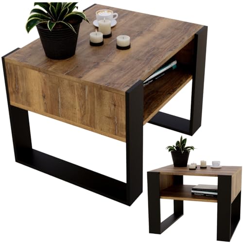 CraftPAK Wohnzimmer Tisch für Couch aus hochwertigem Holz, Stabiler & moderner Couchtisch mit zusätzlicher Ablagefläche, Farbe Retro-Schwarz