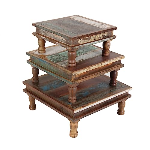 Casa Moro Shabby Chic Tisch Siera 3er Set braun bunt quadratisch aus Recycling Altholz | Kunsthandwerk aus dem Orient | Vintage Deko-Tisch Bajot Tisch Beistelltisch in Antik Look | MA5028