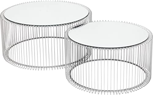 Kare Design Couchtisch Wire Silber, runder, moderner Glastisch, großer Beistelltisch, Kaffeetisch, Nachttisch, Silber (H/B/T) 30,5xØ60cm & 33,5xØ69,5cm
