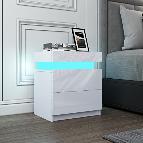 Weiß Nachttisch Moderner LED Licht Nachtschrank Hochglanzfront Nachttische Beistelltisch mit 2 Schubladen Flip Cover für Schlafzimmer