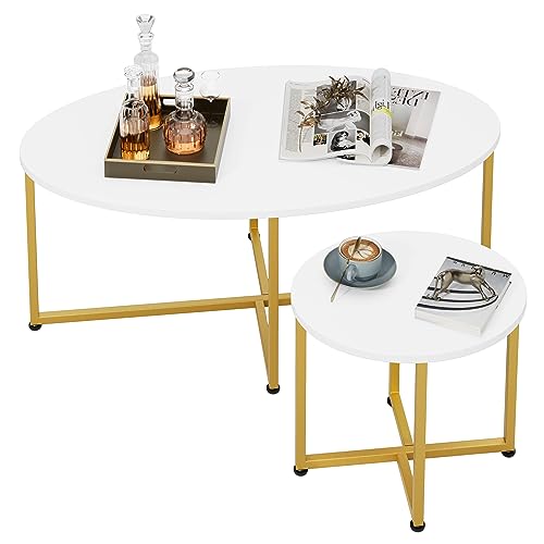 fevarbord Couchtisch 2er Set Oval Wohnzimmertisch Beistelltisch Kleiner Tisch für Wohnzimmertisch, Balkon 110 x 69 cm großer Kaffetisch 48 x 40 cm Sofatisch weiß und Gold