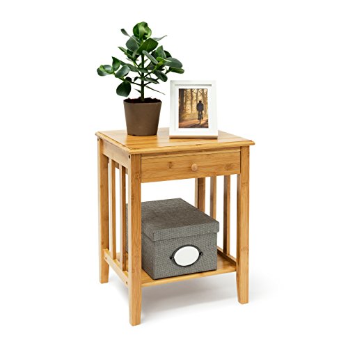 Relaxdays Bambus Beistelltisch mit Schublade H x B x T: ca. 51,5 x 40,5 x 30,5 cm Nachttisch aus robustem Holtz als schmale Nachtkonsole mit Schubfach als kleiner Tisch mit 2 Ablageflächen, natur