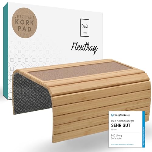 D&D Living® Sofatablett - Couch Ablage flexibel für Armlehne mit Anti-Rutsch Kork Pad | Tablett für Sofa mit 47x34 cm, nachhaltiges Bambus Natur Groß