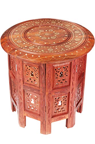 Marokkanischer Tisch Beistelltisch aus Holz Caglanur Braun ø 38cm groß rund | Orientalischer runder Hocker Blumenhocker orientalisch klein | Orientalische runde kleine nachttisch klappbar