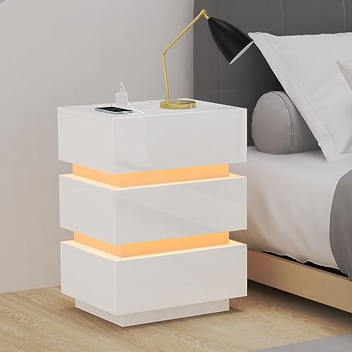 Chleby Modern Hochglanz-Nachttisch Weiß Nachttische Kommode Beistelltische mit 3 Schubladen für Schlafzimmer, Wohnzimmer
