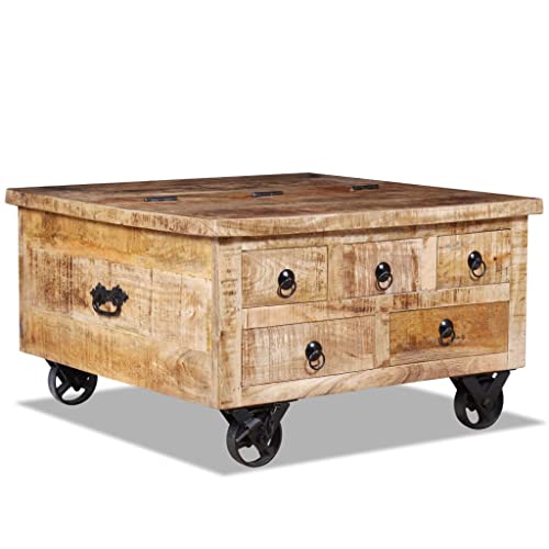 LIWAO Couchtisch Holz auf | 70x70x40cm | 5 Schubladen + 1 Innenfach | Wohnzimmertisch Sofatisch Holztisch Rolltisch | Braun
