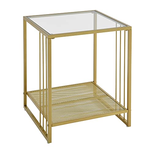 MODERION Beistelltisch aus goldfarbenem Glas mit Gehärteter Glasplatte, Metallgestell, Balkon Couchtisch, Sofatisch, Nachttisch, Stabil, 45.5 X 45.5 X 55 cm