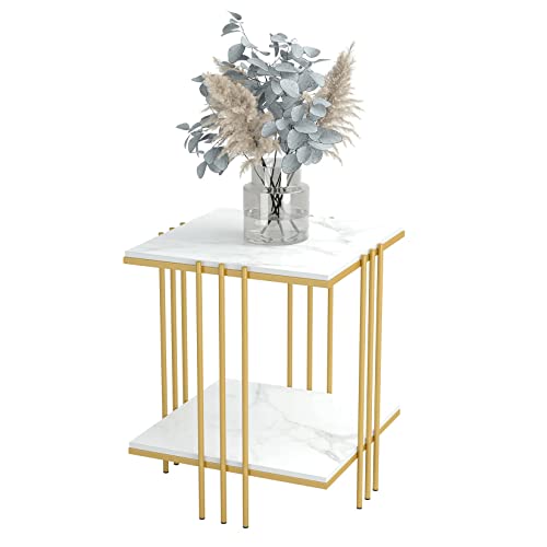 FATIVO Beistelltisch Gold Nachttisch Marmor: 2 Ablagen Couchtisch Wohnzimmertisch mit Goldenem Metallgestell für Wohnzimmer Schlafzimmer 44.5X44.5X 55.5 cm