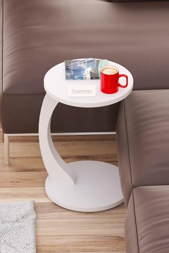 Sardemo Hanno Möbel Couchtisch auf Rollen, weißer C-förmiger Kleiner Beistelltisch, schöner weißer eleganter Sitztisch, runder Tisch, der als Ablage für Sofa und Sofa dient