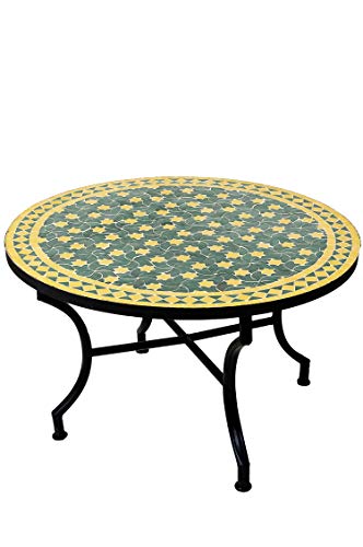 ORIGINAL Marokkanischer Mosaiktisch Couchtisch ø 80cm Groß rund | Runder Kleiner Mosaik Gartentisch Mediterran | ALS Tisch Beistelltisch für Balkon oder Garten | Estrella Grün Gelb