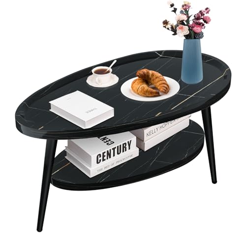 MOHQZA Couchtisch Oval, Wohnzimmer Tisch für Couch, Kleine Moderne Wohnzimmertisch mit 2 Ebenen, Kaffeetisch mit Metallrahmen für Wohnzimmer Balkon Arbeitszimmer 100x55x38cm (schwarz)