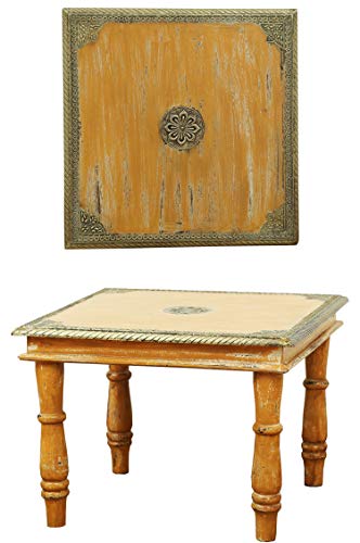 Vintage Couchtisch Beistelltisch Anjay 55cm Groß | kleiner Tisch aus Holz massiv mit Messing verziert für Ihre Wohnzimmer | Niedriger Sofatisch Wohnzimmertisch gelb