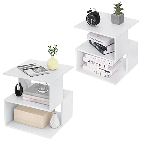 EUGAD 2er Set Nachttisch Weiß, Beistelltisch mit 2 Ablagen, kleines Bücherregal, Nachtschrank Nachtkommode Sofatisch für Schlafzimmer oder Wohnzimmer, 40x43,5x40 cm, 0166ZZ-2