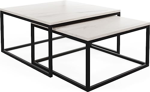 WFL GROUP Rechteckige Quadratische Satztische Couchtische - Loft Style Couchtische Metallbeine - 2 in 1 - Zwei Industrielle Getrennte Tische für Wohnzimmer - Weiß Marmor