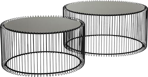 Kare Design Couchtisch Wire (2/Set), Schwarz, 63/53cm Durchmesser, Beistelltisch, Nachttisch, Stahlgestell, ESG-Glas Tischplatte, Wohnzimmer, rund, 34x70x70 cm (H/B/T)