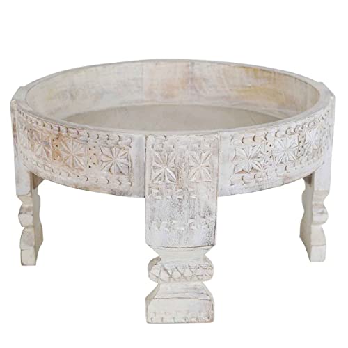Casa Moro Orientalischer Beistelltisch Zaman Weiß Ø 55cm rund Chakki Tisch aus Massivholz geschnitzt Shabby Chic Mühlen-Dekor Vintage Mühlen-Tisch CAC30WS