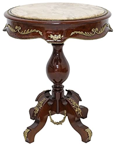 Casa Padrino Barock Beistelltisch Dunkelbraun/Messing/Creme - Antik Stil Massivholz Tisch mit runder Marmorplatte - Barock Wohnzimmer Möbel