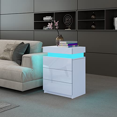 Nachttisch Beistelltisch Weiß Glanz Schlafzimmer Unit Sofa Tisch mit 3 Schubladen 16 Farben LED Beleuchtung Nachtschrank 45 x 35 x 67cm