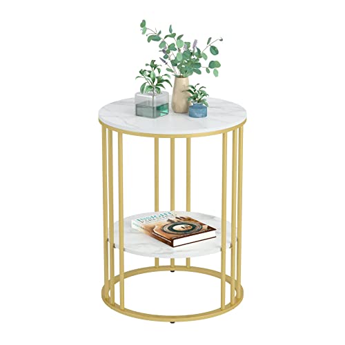 FATIVO Marmor Couchtisch Beistelltisch Gold: Sofatisch 2 Ablagen - Nachttisch rund fürs Wohnzimmer Schlafzimmer mit Eisenrahmen - 40×40×54cm