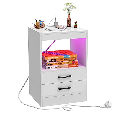 PIPIPOXER Nachttisch mit Steckdose & USB, Nachttisch Weiß Nachtschrank Hochglanz Nachtkommode 2 Schubladen mit Led 16 Farben Beleuchtung Beistelltisch für Schlafzimmer, Wohnzimmer, 40x60x35cm