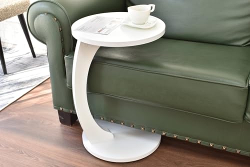 Tubibu C Form Kleiner Beistelltisch, Runder Tisch als Ablagefläche für Couch und Sofa mit Rollen, Rolltisch, Abstelltisch, runde Tischplatte (C-Form, Weiß)