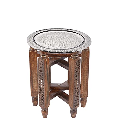 Marokkanischer Runder Tisch Couchtisch Halab ø 40cm rund | Orientalischer Wohnzimmertisch mit klappbaren Vintage Gestell aus Holz in Braun | Tablett Deneb Klapptisch ist aus Messing in Silber