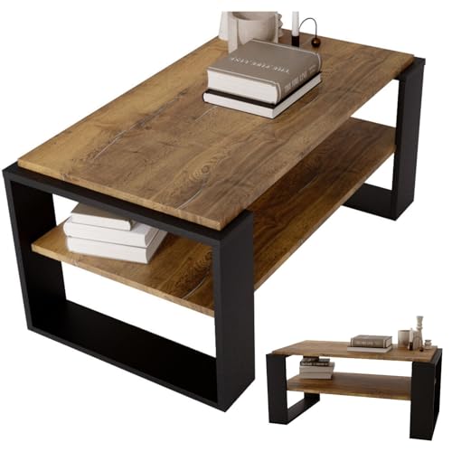 CraftPAK Wohnzimmer Tisch für Couch aus hochwertigem Holz, Stabiler & moderner Couchtisch mit zusätzlicher Ablagefläche, Model Kaja 96, Farbe Retro-Schwarz
