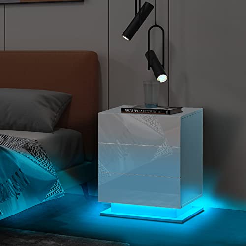 TUKAILAI 1 PCS Weißer Nachttisch mit LED-Licht und 3 Schubladen zur Aufbewahrung Nachttisch Hochglanz-Frontbettschran k für Zuhause, Wohnzimmer, Schlafzimmermöbel