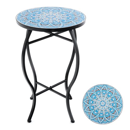 GOPLUS Mosaik Beistelltisch, Ø30cm runder Gartentisch mit Metallgestell, Blumenhocker Blumenregal mit Mosaikplatte, Retro Mosaiktisch für Balkon & Terrasse (Blau)