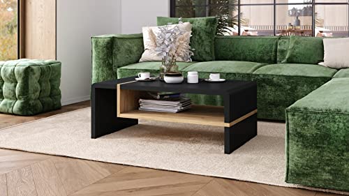 designimpex Couchtisch Folk 01 Tisch Wohnzimmertisch mit Ablagefläche, Farbe:Schwarz matt - Eiche Gold Craft