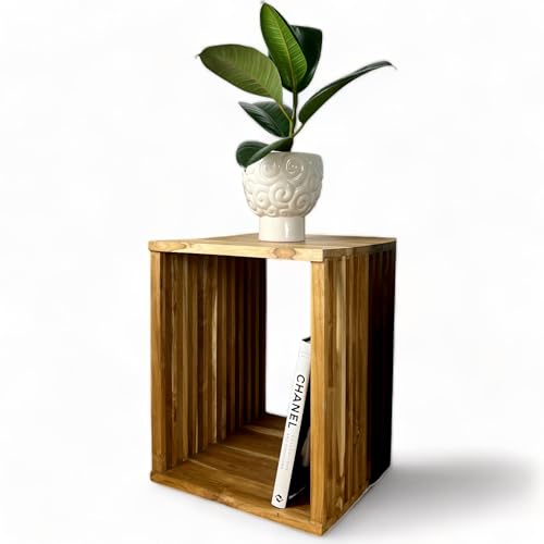 FaHome Handgefertigter Teakholz-Beistelltisch - Massivholz Natur-Unikat in Modernem Design - Vielseitige Nutzungsmöglichkeiten – Holzleisten an den Seiten - Würfel
