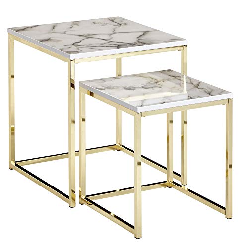 FineBuy Design Beistelltisch 2er Set Weiß Marmor Optik Eckig | Couchtisch 2-teilig Tischgestell Metall Gold | Kleine Wohnzimmertische | Moderne Satztische Quadratisch