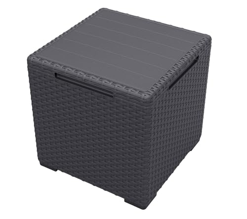 Dynamic24 2in1 Garten Beistelltisch Aufbewahrungsbox in Rattan-Optik mit Deckel Box Cube Würfel Tisch Outdoor Hocker 37cm grau Graphit
