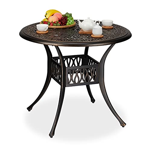 Relaxdays Gartentisch mit Schirmloch, antike Optik, Aluminiumguss, H x D: 75 x 90 cm, runder Balkontisch, schwarz/Bronze