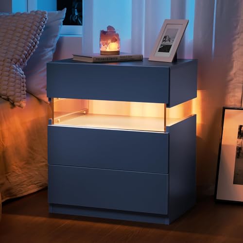 Cubehom Nachttisch Led mit 3 Schubladen, Nachtschrank mit 3 Farben Lichtern, Nachtkommode für Schlafzimmer, Wohnzimmer, Büro, Blau
