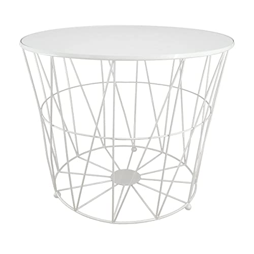PrimoLiving Design Beistelltisch Weiß mit Deckel - Metall Drahtkorb mit Holzdeckel  Diagonal  P-857 XL 50x40 cm - Korb Couchtisch mit Stauraum Deko Tisch
