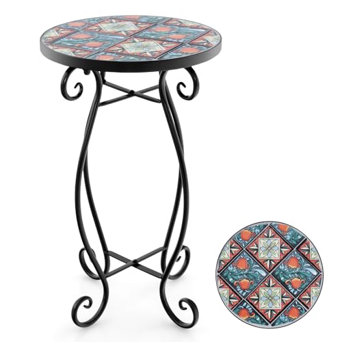GOPLUS Mosaik Beistelltisch, Ø30cm runder Gartentisch mit Metallgestell, Blumenhocker Blumenregal mit Mosaikplatte, Retro Mosaiktisch für Balkon & Terrasse (Grün&Rot)