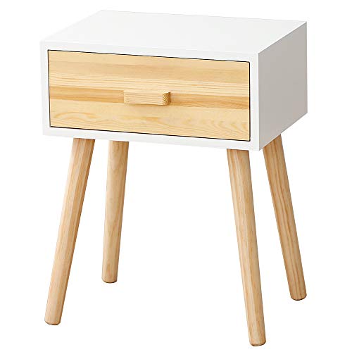 Belfoyer Nachttisch, 1 Schublade, skandinavischer Stil, Beistelltisch aus Holz, 40 x 30 x 50 cm (Rahmen weiß + Schublade aus Rohholz)