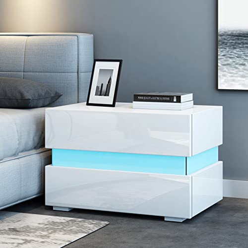 2 Schubladen Nachttisch mit Hochglänzendem RGB LED Streifen Moderne Nachtschrank für Schlafzimmer Wohnzimmer 55 x 39 x 45cm Weiß